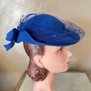 LUMINOUS 1960s' BLUE FELT FEDORA + BOW, EMBELLISHED FEATHERS & SEQUINED VEILING